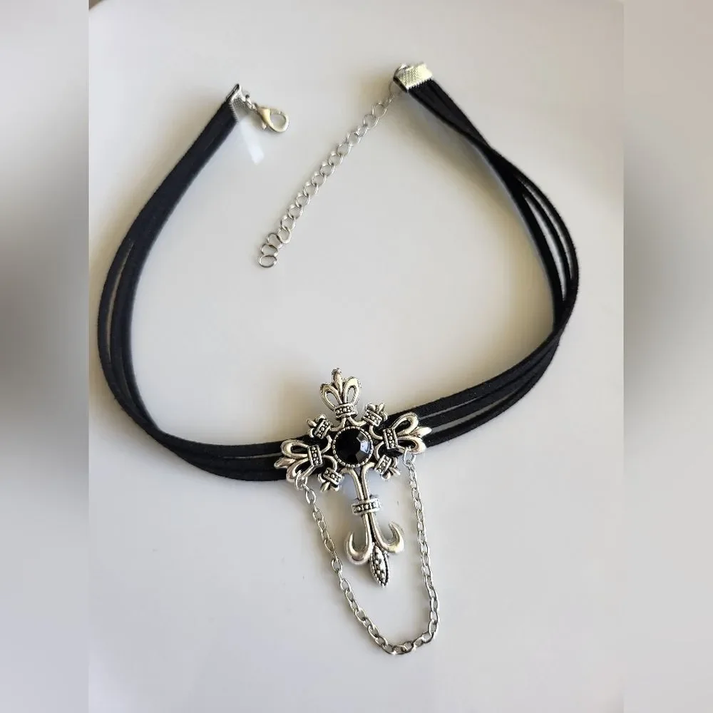 Gothic Silver Cross Choker – Black Multi-Strap with Black Crystal & Chain